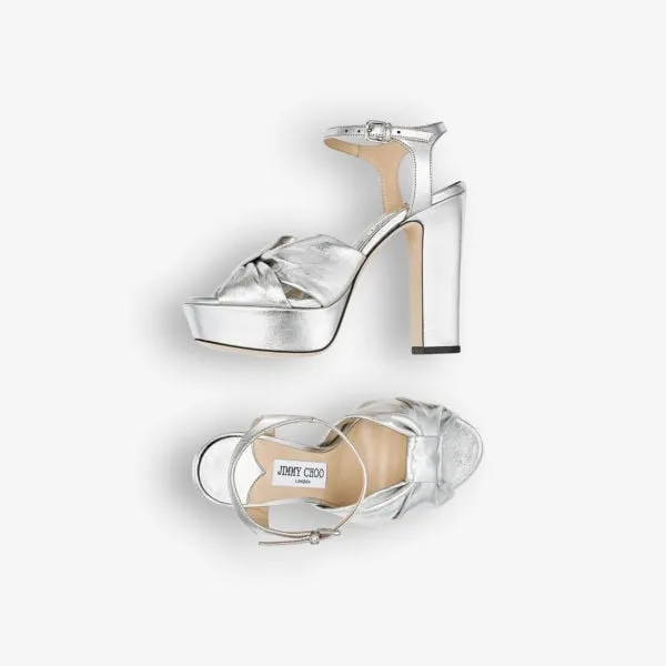 Jimmy Choo Heloise 120 Leather Platform Sandals with Bow, Silver