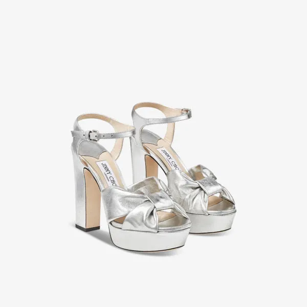 Jimmy Choo Heloise 120 Leather Platform Sandals with Bow, Silver