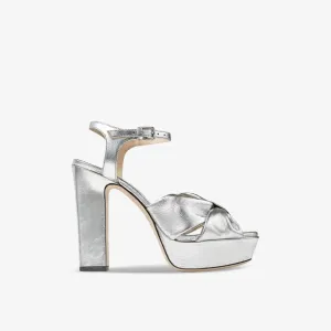 Jimmy Choo Heloise 120 Leather Platform Sandals with Bow, Silver