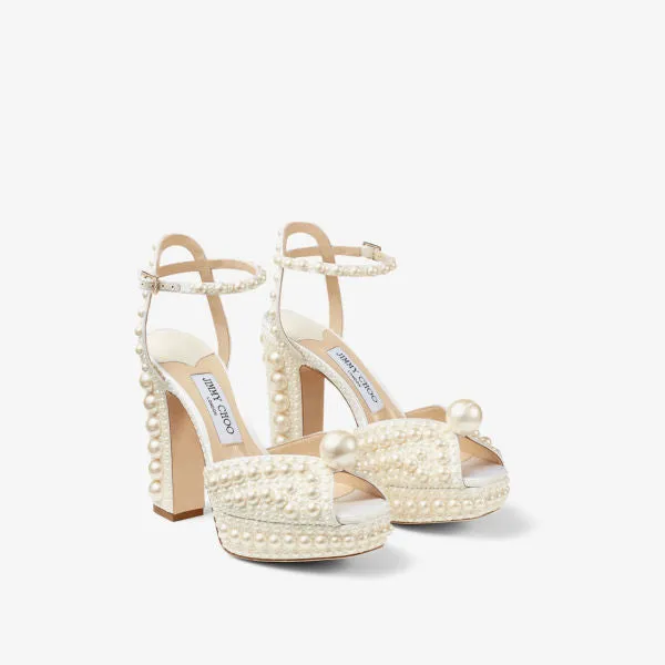 Jimmy Choo satin platform sandals Sacaria 120 with pearls, white