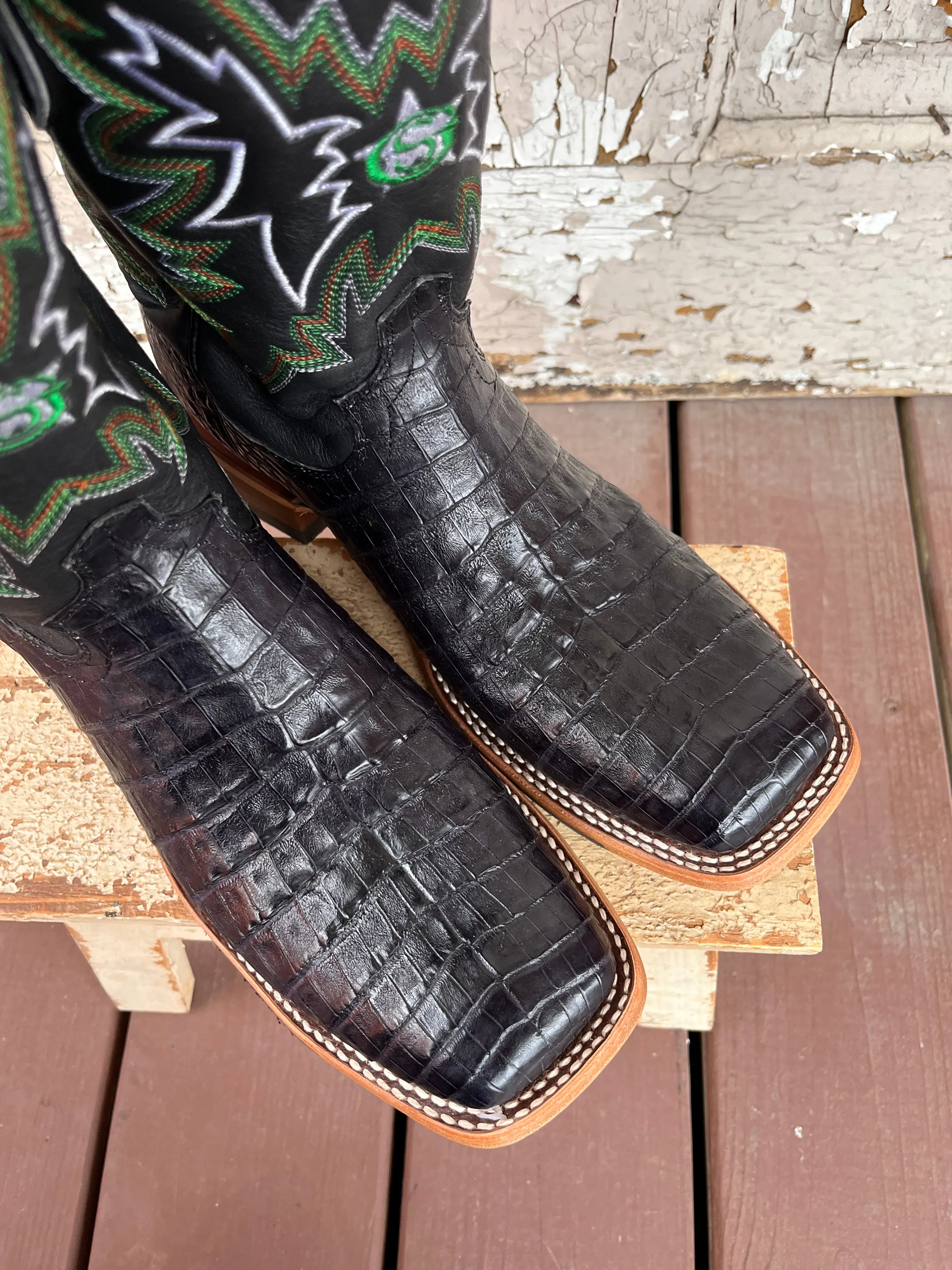Justin Men's George Strait Haggard Black Caiman Square Toe Cowboy Boot GR5705
