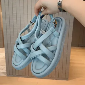 Light Blue Leather Women Platform Sandals Gladiator Cross Strap Summer Shoes White Thick Bottom Lady Beach Sandalias Femmes