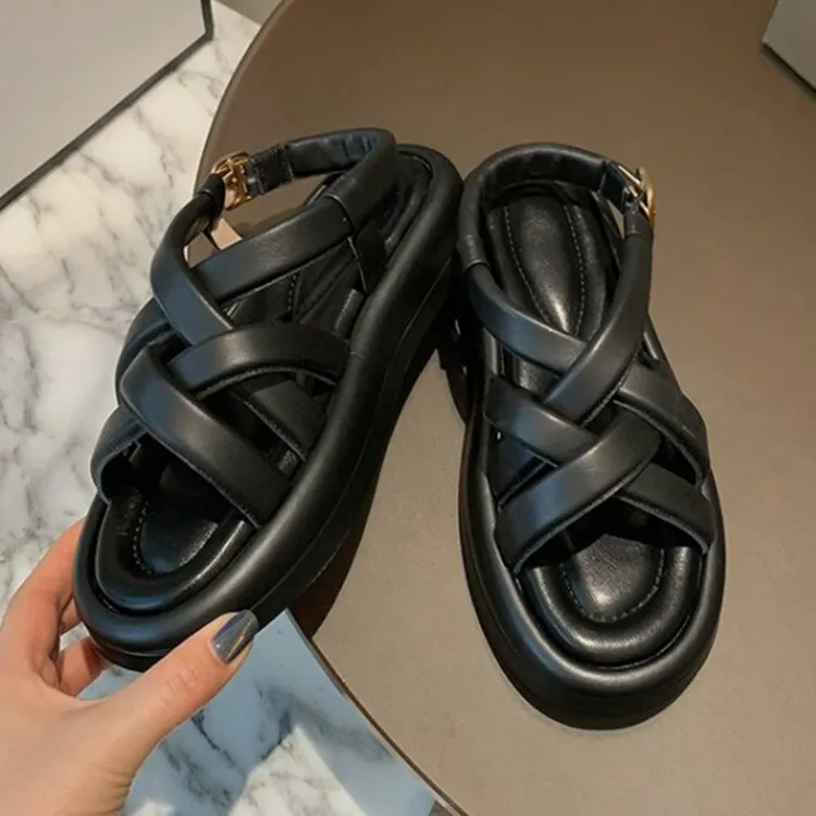 Light Blue Leather Women Platform Sandals Gladiator Cross Strap Summer Shoes White Thick Bottom Lady Beach Sandalias Femmes