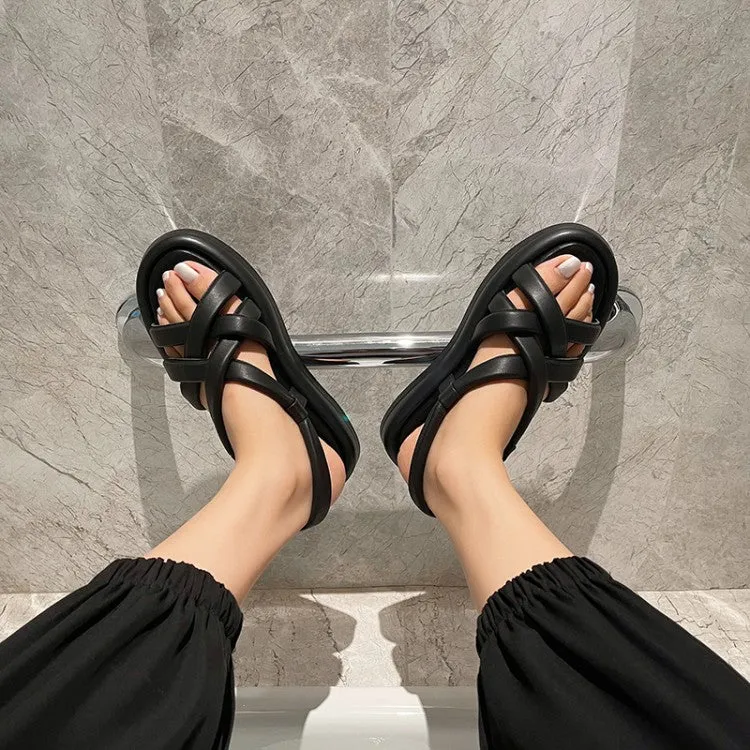 Light Blue Leather Women Platform Sandals Gladiator Cross Strap Summer Shoes White Thick Bottom Lady Beach Sandalias Femmes