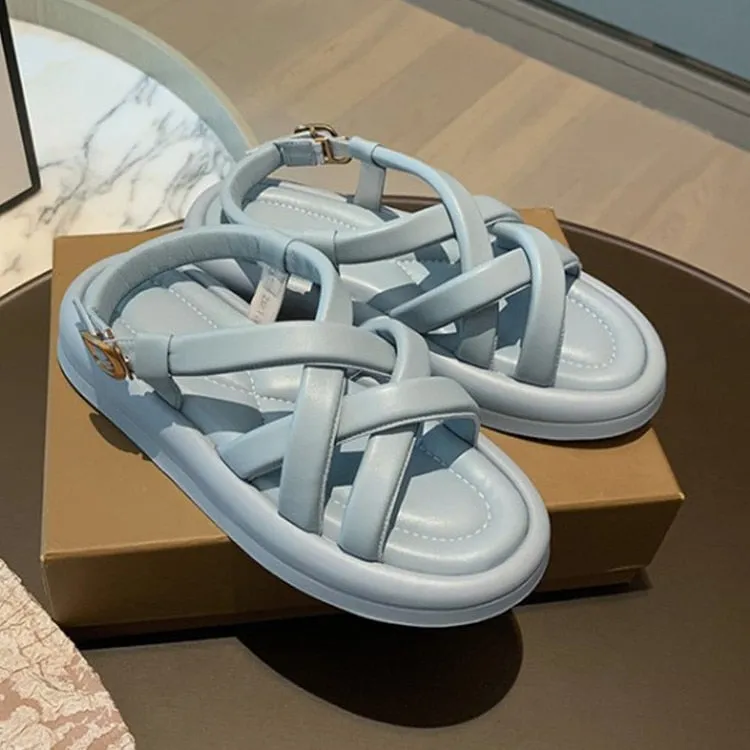 Light Blue Leather Women Platform Sandals Gladiator Cross Strap Summer Shoes White Thick Bottom Lady Beach Sandalias Femmes