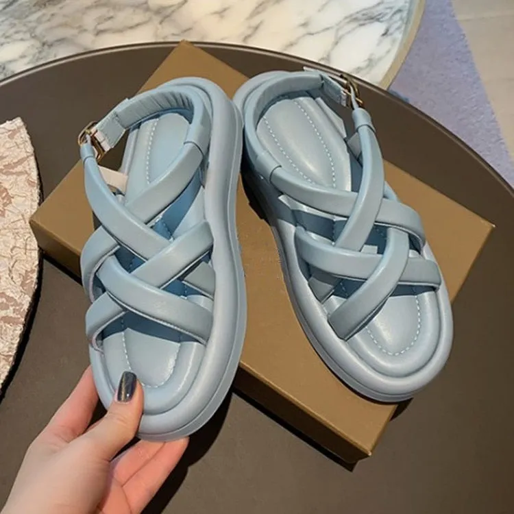Light Blue Leather Women Platform Sandals Gladiator Cross Strap Summer Shoes White Thick Bottom Lady Beach Sandalias Femmes