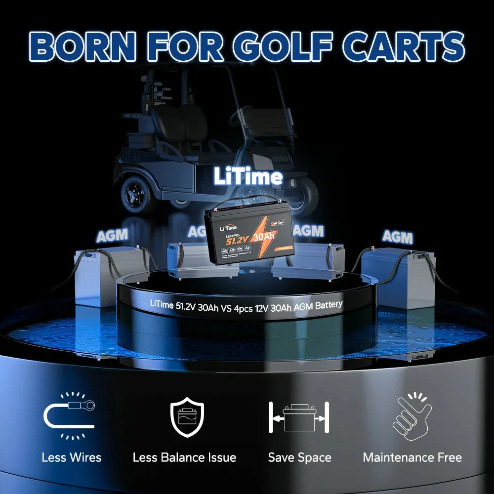 LiTime 48V (51.2V) 30Ah Golf Carts LiFePO4 Battery, 60A BMS, 1536Wh Energy