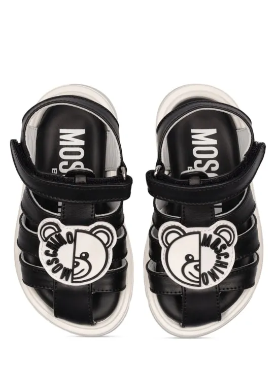 Moschino   Logo print leather sandals w/teddy patch 