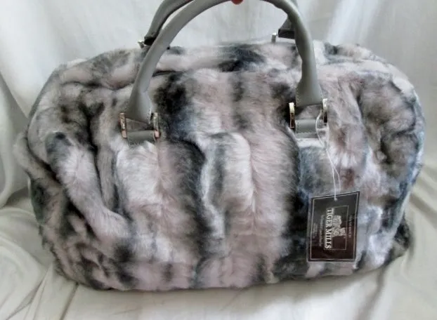 NEW DENNIS BASSO FAUX FUR Vegan Duffle Bag Overnighter GRAY Travel TIGER MILLS