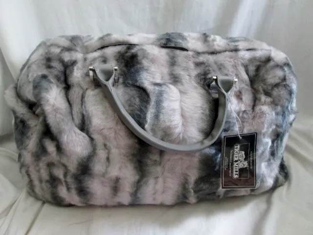 NEW DENNIS BASSO FAUX FUR Vegan Duffle Bag Overnighter GRAY Travel TIGER MILLS