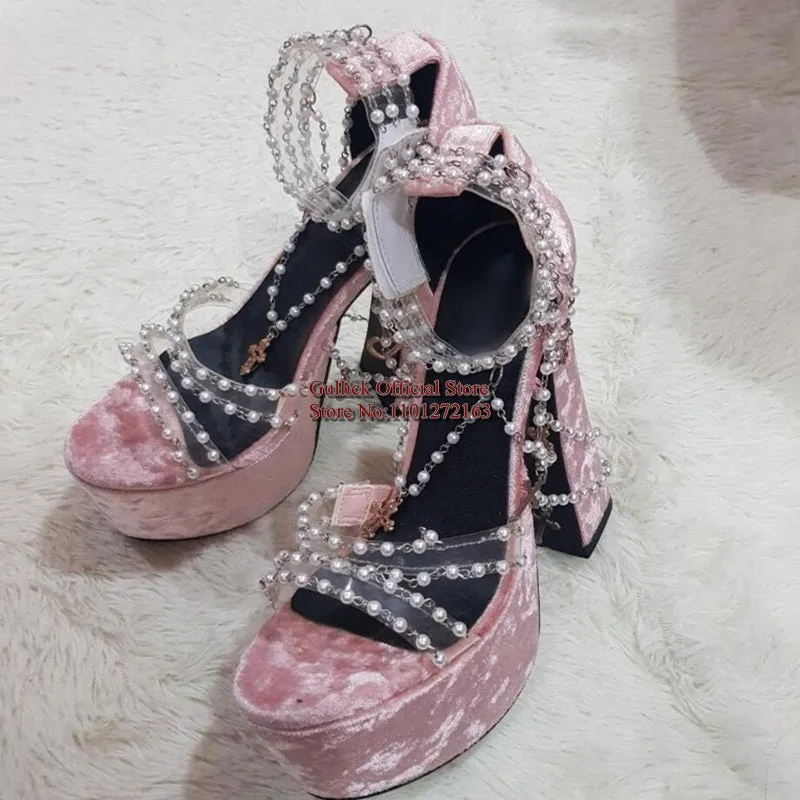 New Velvet Chunky Heels Women Sandals String Bead Pearl Chain Platform Runway Shoes PVC