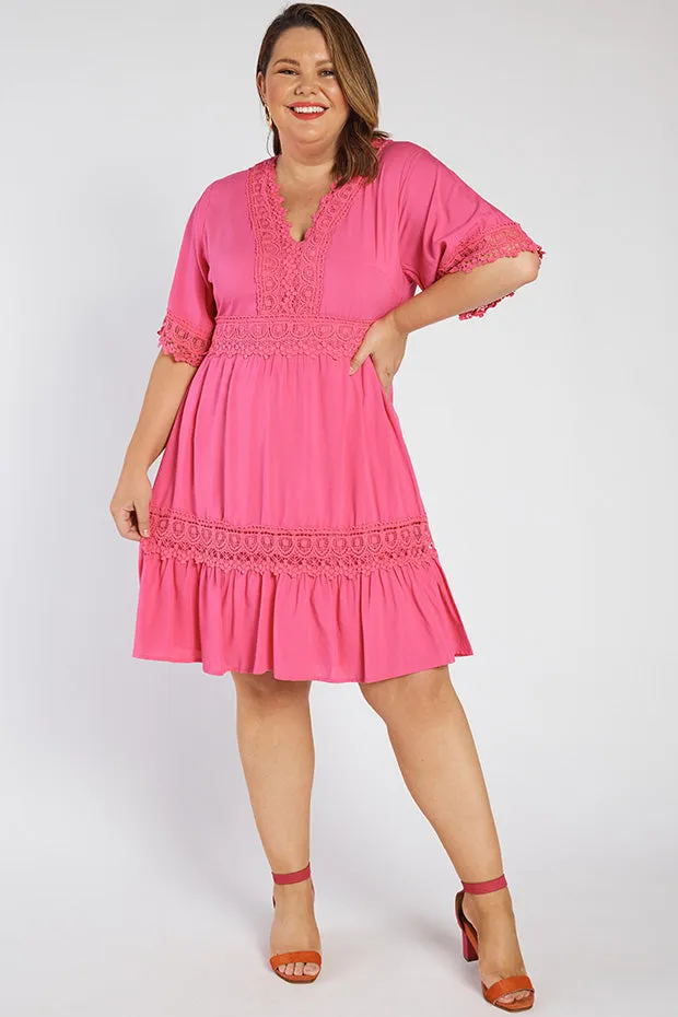 Niki Hot Pink Lace Trim Dress