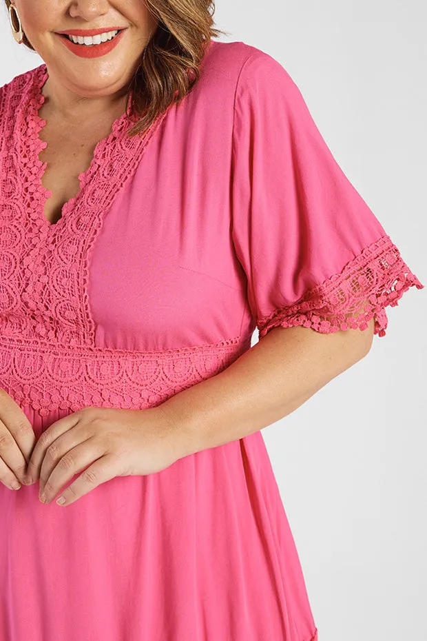 Niki Hot Pink Lace Trim Dress