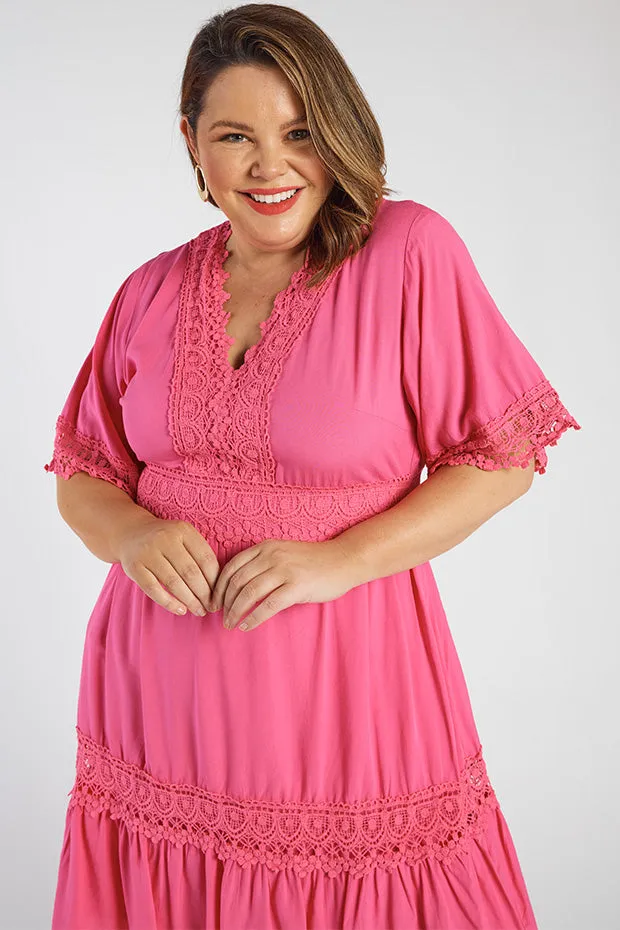 Niki Hot Pink Lace Trim Dress