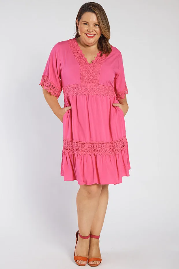 Niki Hot Pink Lace Trim Dress