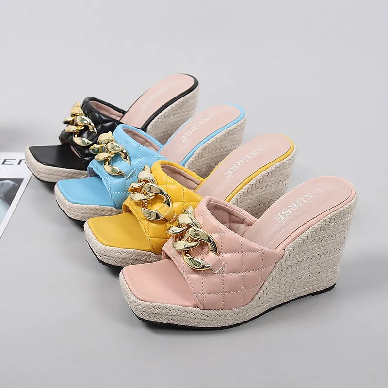 Peep toe Sandals Women Summer Shoes Fashion Platform Shoes Elegant Ladies Sandals Wedge Heel 10cm Yellow Black Pink A4199