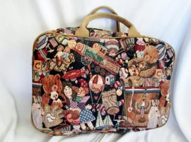 QUAIL HILL DESIGNS Hooked Rug Tapestry Satchel Travel Bag TEDDY BEAR TOYS