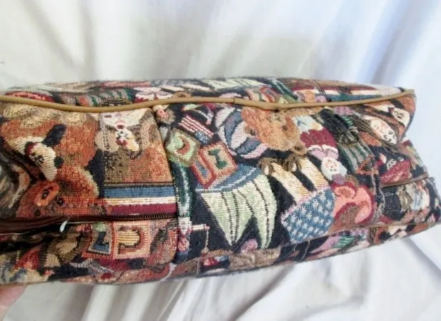 QUAIL HILL DESIGNS Hooked Rug Tapestry Satchel Travel Bag TEDDY BEAR TOYS