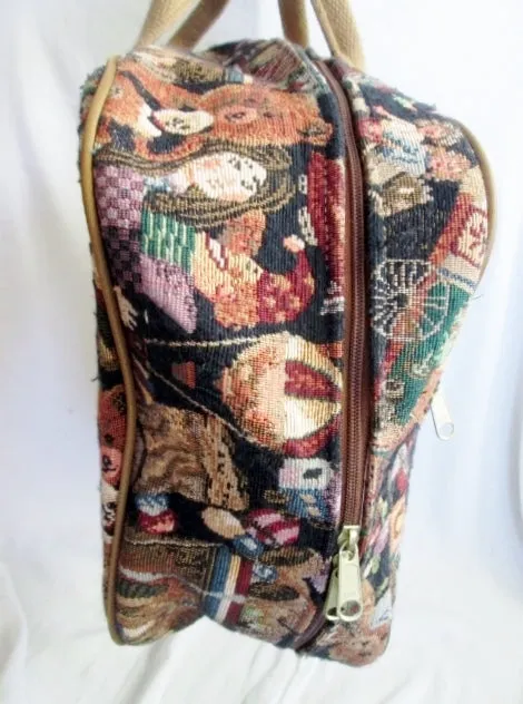 QUAIL HILL DESIGNS Hooked Rug Tapestry Satchel Travel Bag TEDDY BEAR TOYS