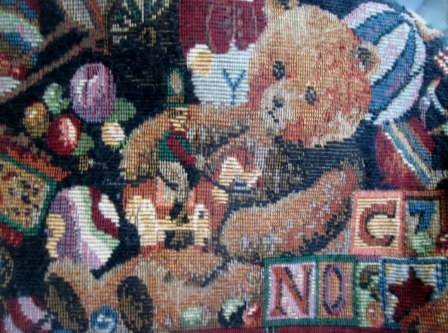 QUAIL HILL DESIGNS Hooked Rug Tapestry Satchel Travel Bag TEDDY BEAR TOYS