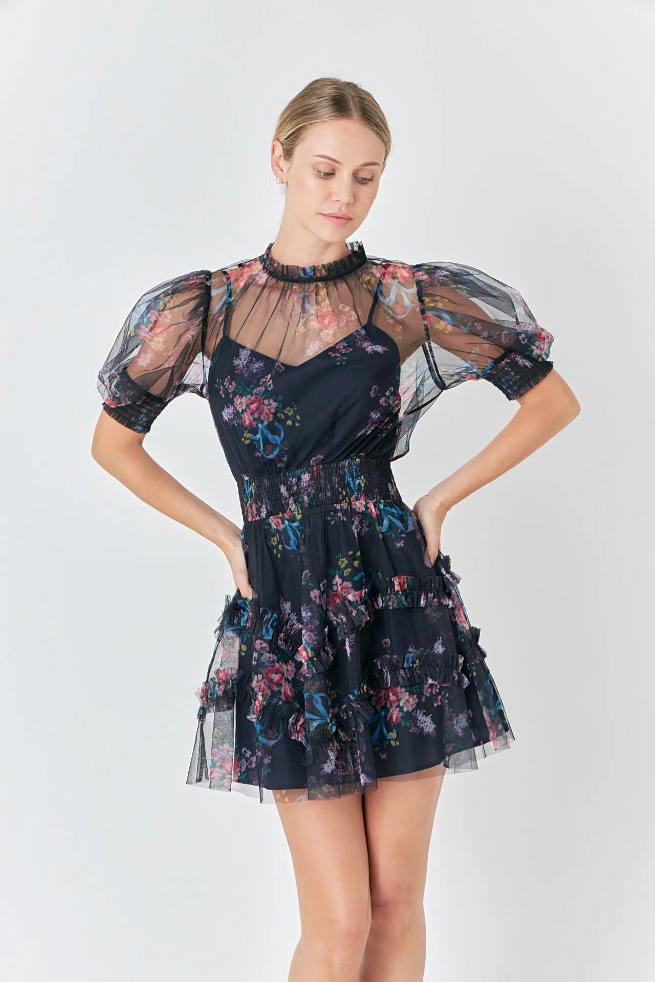 Ruffled Mesh Mini Dress