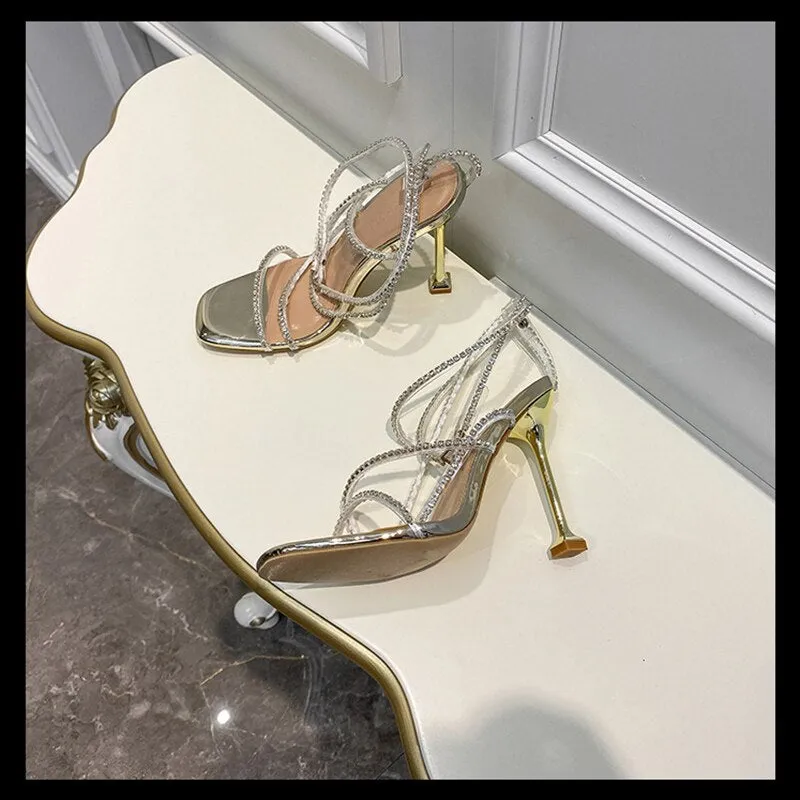 Sexy Rhinestone Stiletto Heels Sandals Women  Summer Fashion High Heels Ankle Strap Sandalias Mujer Gold Silver Party Shoes