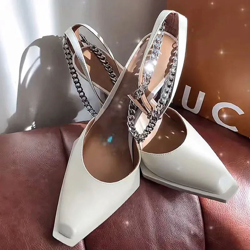 Sohiwoo High Heel Shoes New Summer Small Square Head Shallow Mouth Waterproof Platform Chain Sandals Women's Thin Heel Shoes