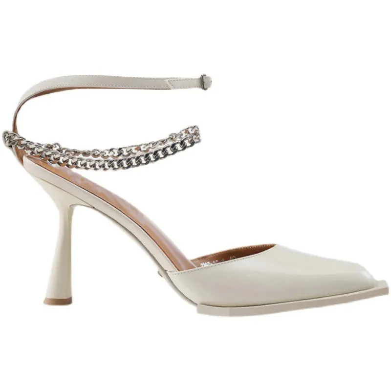Sohiwoo High Heel Shoes New Summer Small Square Head Shallow Mouth Waterproof Platform Chain Sandals Women's Thin Heel Shoes
