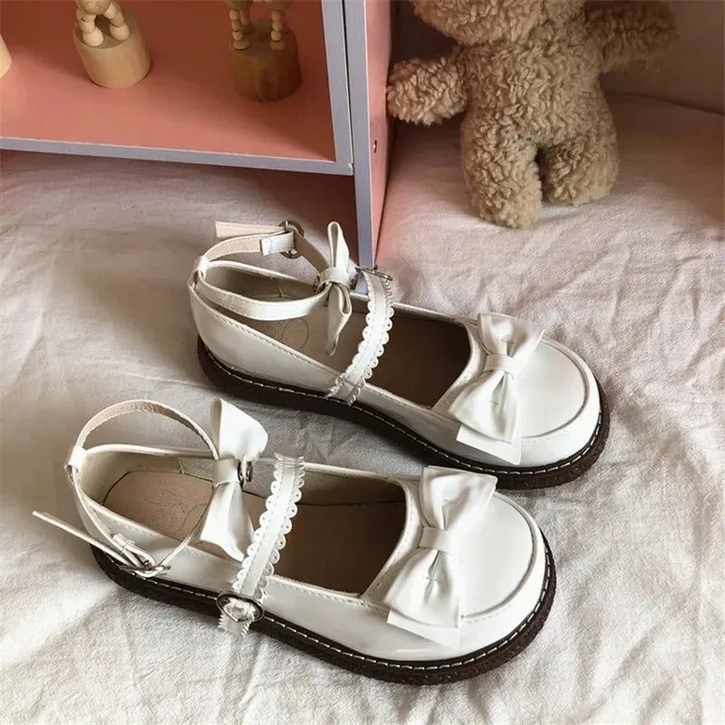 Sohiwoo Mary Jane Pu Lolita shoes Round Toe Japanese Jk Uniform White Black Brown Women's Bow Cute Loli Vintage Female Sweet Girls
