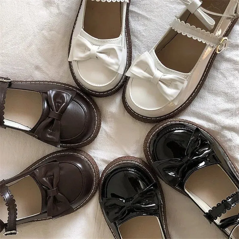 Sohiwoo Mary Jane Pu Lolita shoes Round Toe Japanese Jk Uniform White Black Brown Women's Bow Cute Loli Vintage Female Sweet Girls