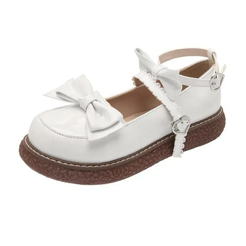 Sohiwoo Mary Jane Pu Lolita shoes Round Toe Japanese Jk Uniform White Black Brown Women's Bow Cute Loli Vintage Female Sweet Girls