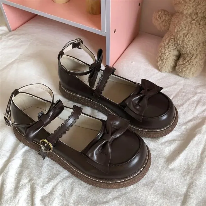 Sohiwoo Mary Jane Pu Lolita shoes Round Toe Japanese Jk Uniform White Black Brown Women's Bow Cute Loli Vintage Female Sweet Girls