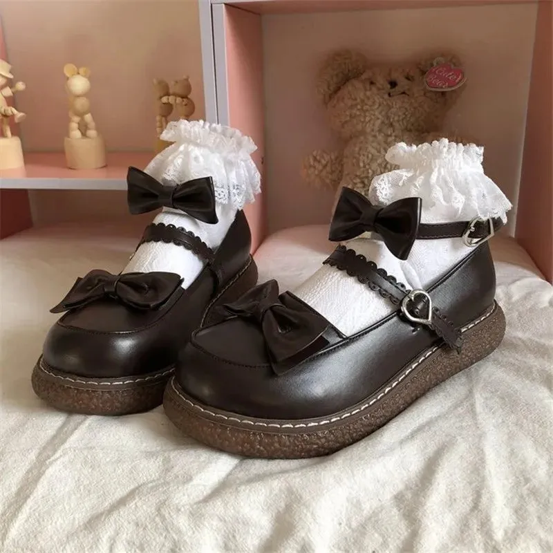 Sohiwoo Mary Jane Pu Lolita shoes Round Toe Japanese Jk Uniform White Black Brown Women's Bow Cute Loli Vintage Female Sweet Girls