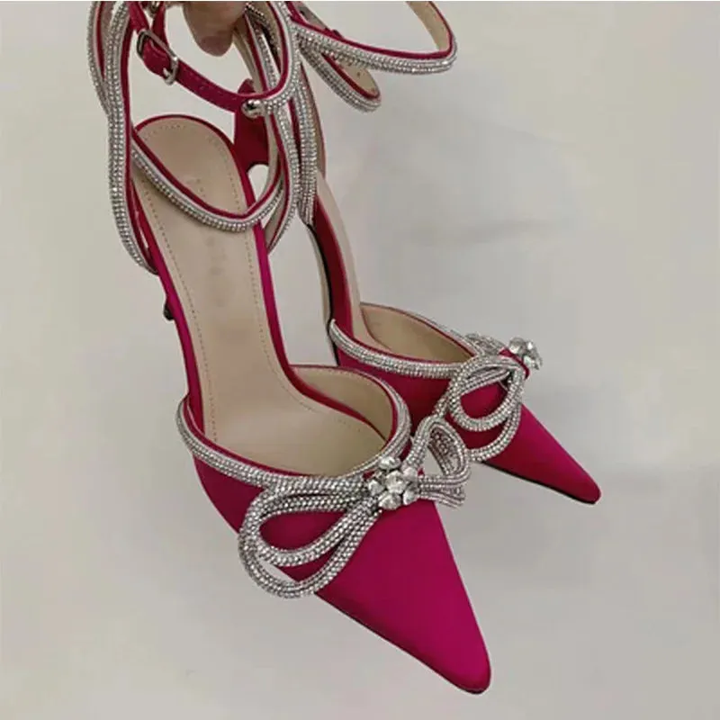 Sohiwoo New Pointed Bowknot Rhinestone Thin Heel High Heels Hollow Women's Sandals