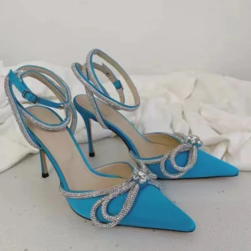 Sohiwoo New Pointed Bowknot Rhinestone Thin Heel High Heels Hollow Women's Sandals