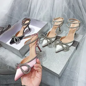 Sohiwoo New Pointed Sandals European and American Fashion Bow Rhinestone Thin Heel High Heel Hollow Belt Women's Shoes