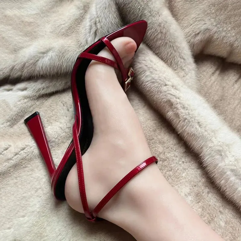 Sohiwoo Open-toe one-line buckle rhine-diamond sandals new design sexy French pointy heels red stiletto heels designer sandals