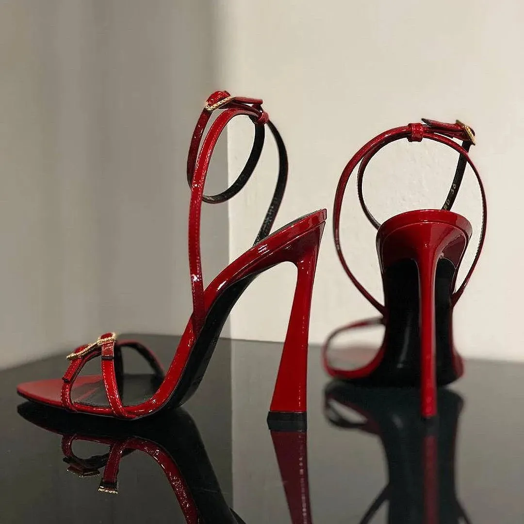 Sohiwoo Open-toe one-line buckle rhine-diamond sandals new design sexy French pointy heels red stiletto heels designer sandals