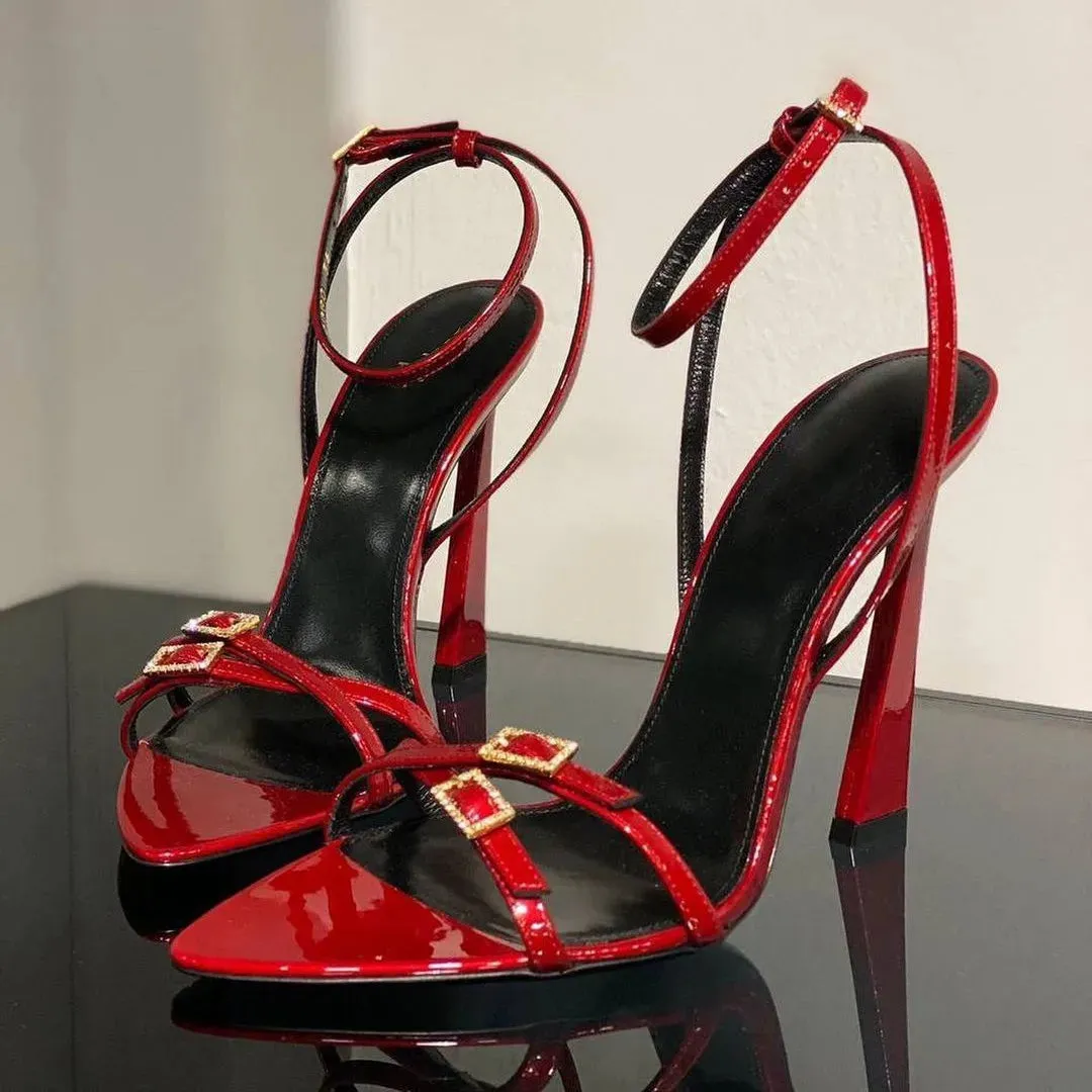 Sohiwoo Open-toe one-line buckle rhine-diamond sandals new design sexy French pointy heels red stiletto heels designer sandals