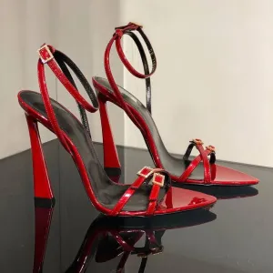 Sohiwoo Open-toe one-line buckle rhine-diamond sandals new design sexy French pointy heels red stiletto heels designer sandals