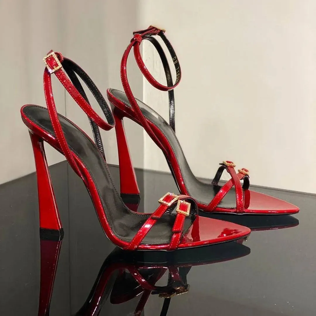 Sohiwoo Open-toe one-line buckle rhine-diamond sandals new design sexy French pointy heels red stiletto heels designer sandals
