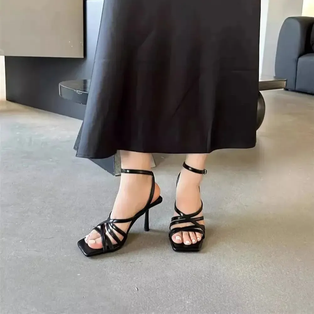 Sohiwoo Sandals Women Cross Strap Thin Heel Roman High Heels 2024 Summer New Sexy Hollow Designer Casual Women's Shoes