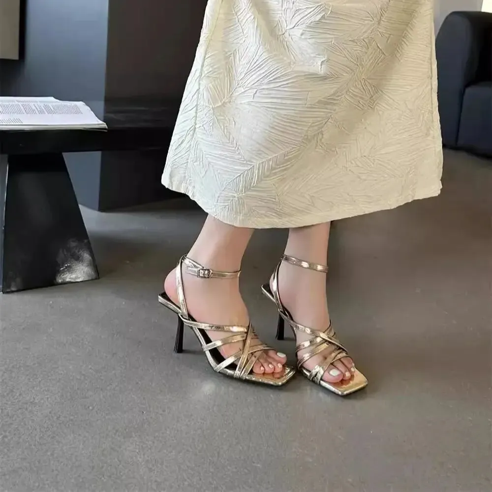 Sohiwoo Sandals Women Cross Strap Thin Heel Roman High Heels 2024 Summer New Sexy Hollow Designer Casual Women's Shoes