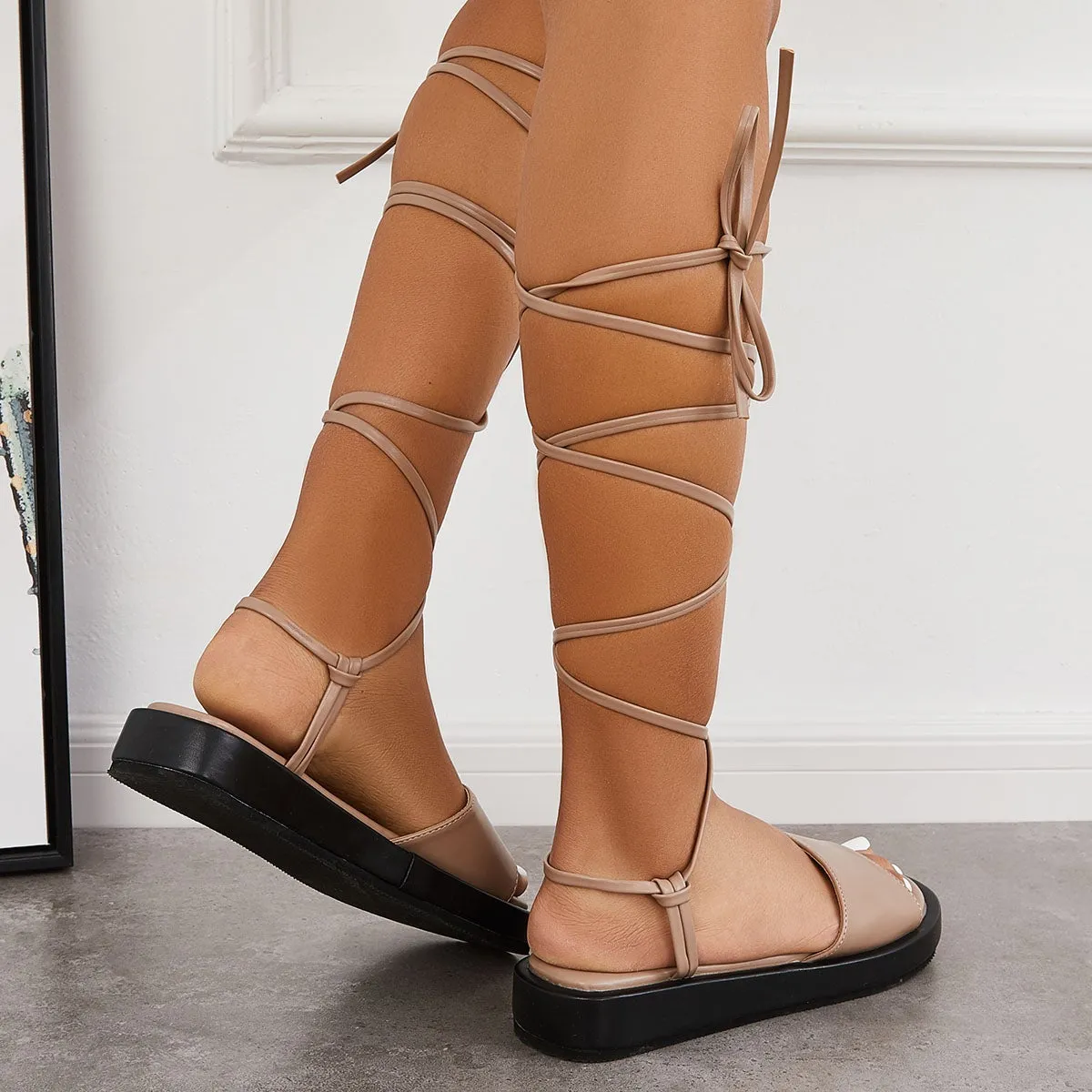 Sohiwoo  Women Summer Casual Sandals Open Toe Lace Up Gladiator Sandals