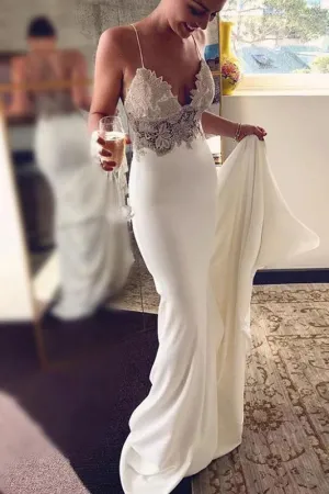 Spaghetti Straps Mermaid Beach Wedding Dresses, Long Prom Dress with Lace UQ1789