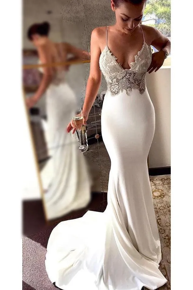 Spaghetti Straps Mermaid Beach Wedding Dresses, Long Prom Dress with Lace UQ1789