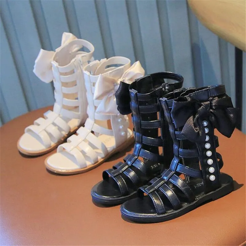 Spring Girls Princess Bow Pearl High-Top Sandals