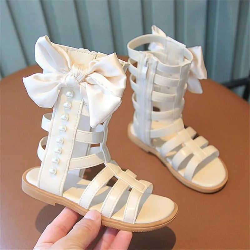 Spring Girls Princess Bow Pearl High-Top Sandals