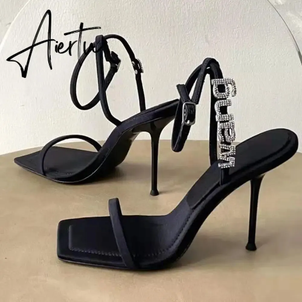 Style Square Toe Women Sandals Crystal Letters Decorative Women High Heels Sexy Shoes Women's Banquet Wedding Shoes Women