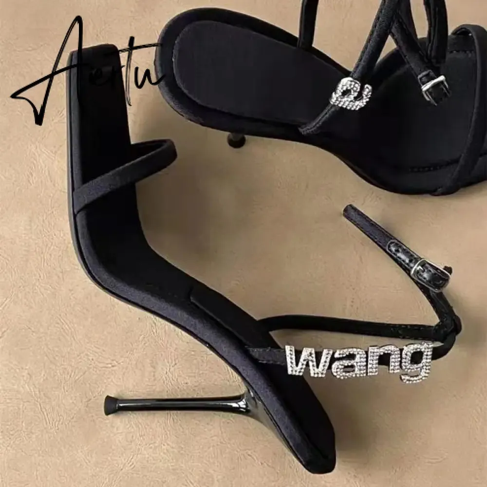 Style Square Toe Women Sandals Crystal Letters Decorative Women High Heels Sexy Shoes Women's Banquet Wedding Shoes Women